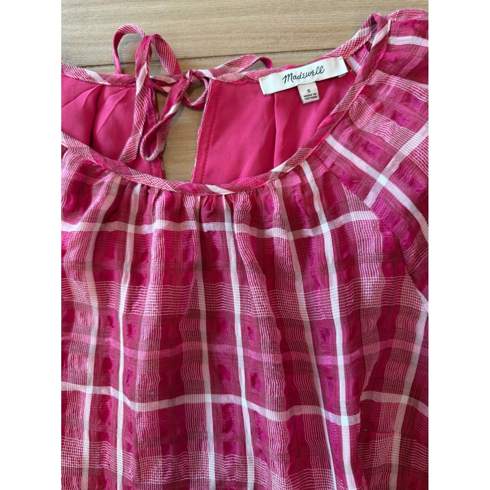 Madewell Pink Plaid Dobby‎ Babydoll Mini Dress Balloon Sleeve Tie Back Size S - Picture 2 of 6